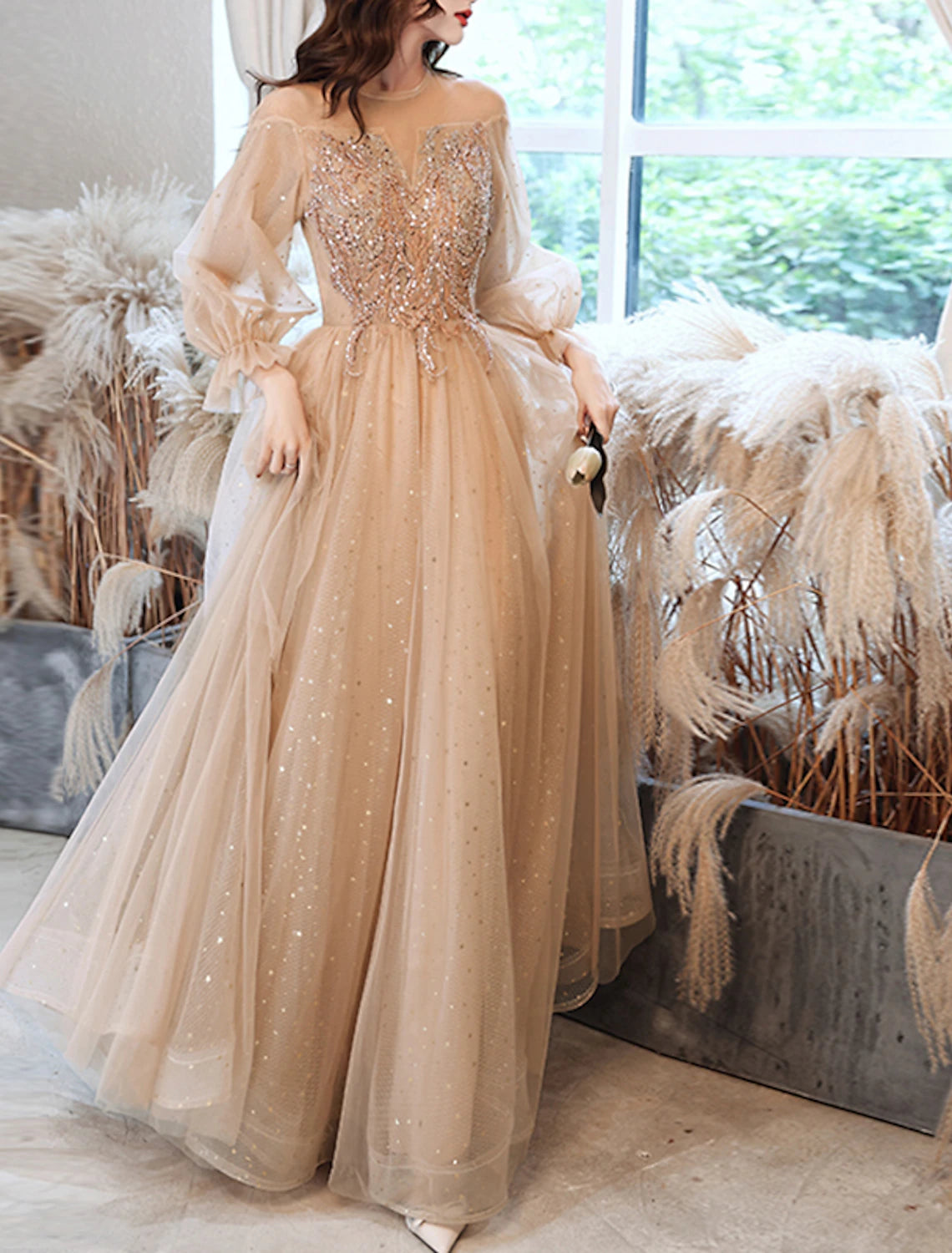 A-Line Prom Dresses Sparkle & Shine Dress Wedding Guest Prom Floor Length Long Sleeve Jewel Neck Lace with Rhinestone Appliques 2025